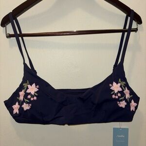 NWT Andie x Fanm Mon Women's Navy Floral Molokai Bikini Top Swim Embroidery XL